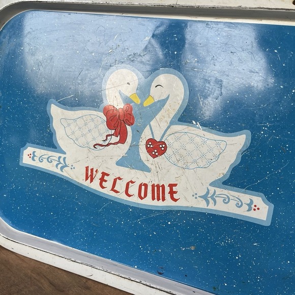 Vintage Blue Granite Duck Goose Welcome Tin Trays Cottagecore Set Of 2 - Picture 7 of 7